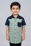 Green & Navy Blue Flowers Print Half Sleeves Casual Shirt
