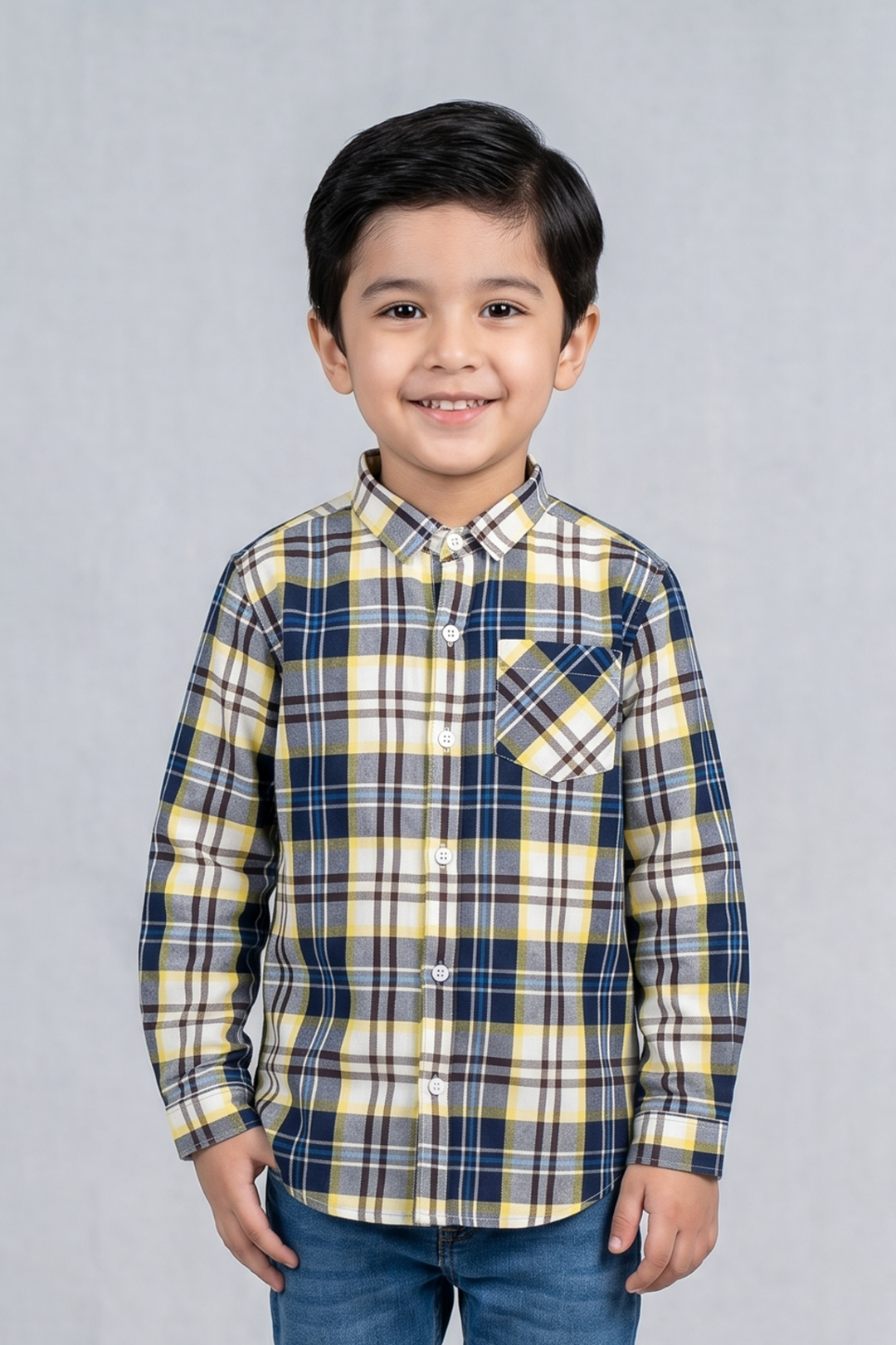 White With Yellow Blue Checkered Full Sleeves Single Pocket Shirt