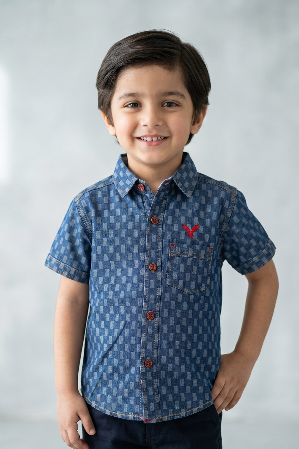 Denim Checkered Design Half Sleeves Casual Shirt
