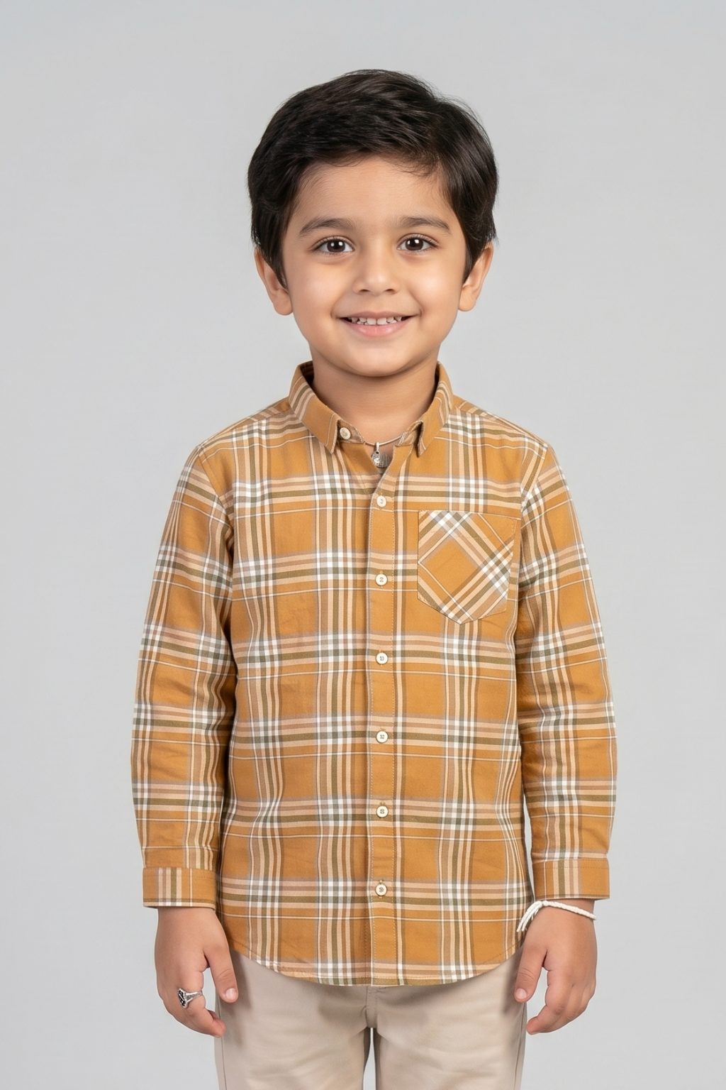 Brown With Green Checkered Front Pocket Full Sleeves Casual Shirt Main image