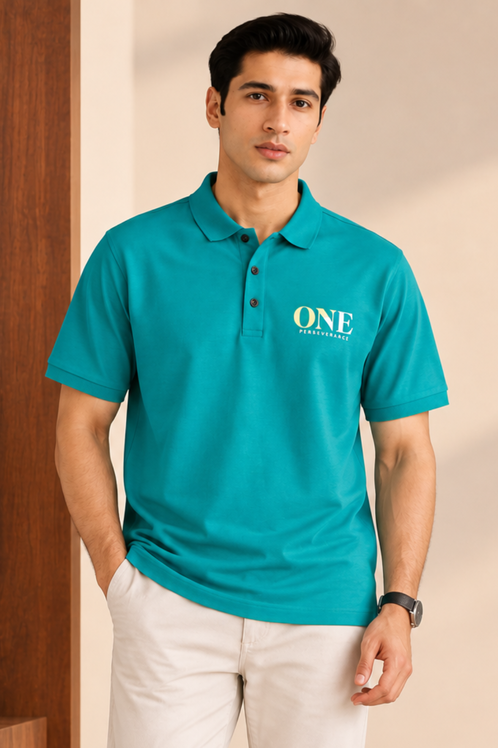 Teal Green Fabric: Cotton Piqué Polo For Mens