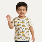 Cream Escavator Print Half Sleeves T-Shirt For Boys