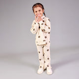 CREAM HINECK POLKA DOT PRINT WITH CAP THERMAL FABRIC SUIT FOR WINTERS