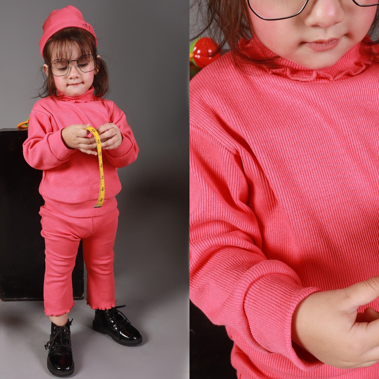 BLUSH PINK HINECK FRIL TROUSER RIBBED FABRIC SUIT FOR WINTERS Main image