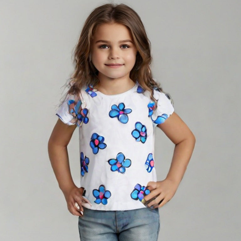 WHITE BIG FLOWERS PRINT T-SHIRT TOP FOR GIRLS Main image