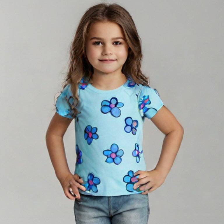 SEA GREEN BIG FLOWERS PRINT T-SHIRT TOP FOR GIRLS Main image
