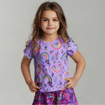 Load image into Gallery viewer, LIGHT PURPLE RAINBOW &amp; FLOWERS PRINT T-SHIRT TOP FOR GIRLS
