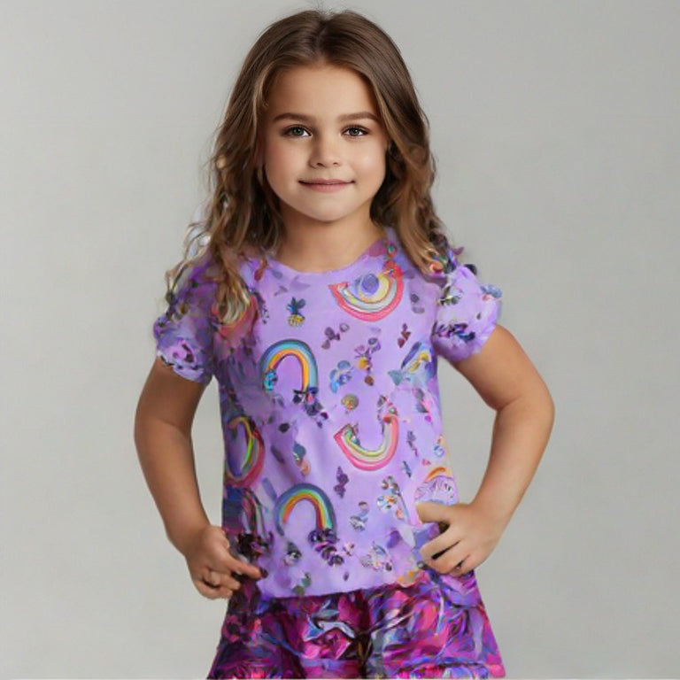 LIGHT PURPLE RAINBOW & FLOWERS PRINT T-SHIRT TOP FOR GIRLS