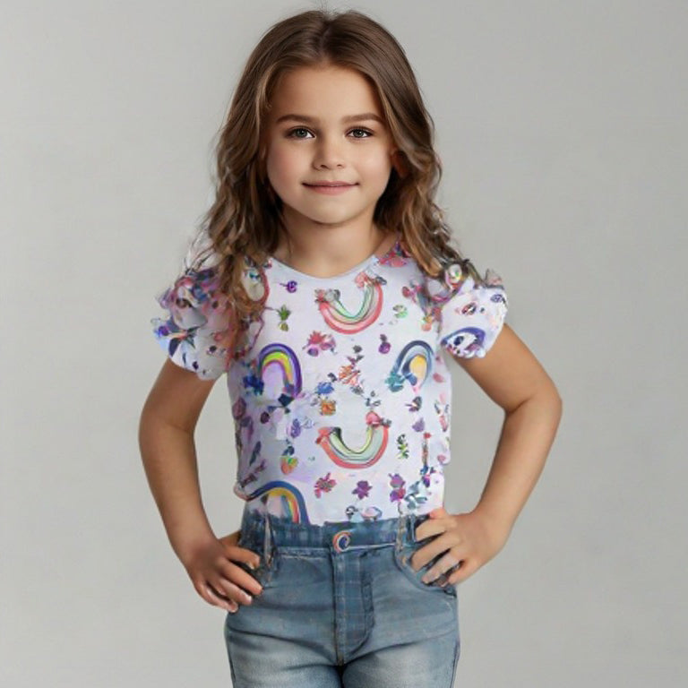 HAZEL GREY RAINBOW & FLOWERS PRINT T-SHIRT TOP FOR GIRLS