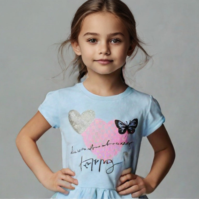 SKY BLUE "BUTTERFLY & HAPPY" T-SHIRT TOP FOR GIRLS