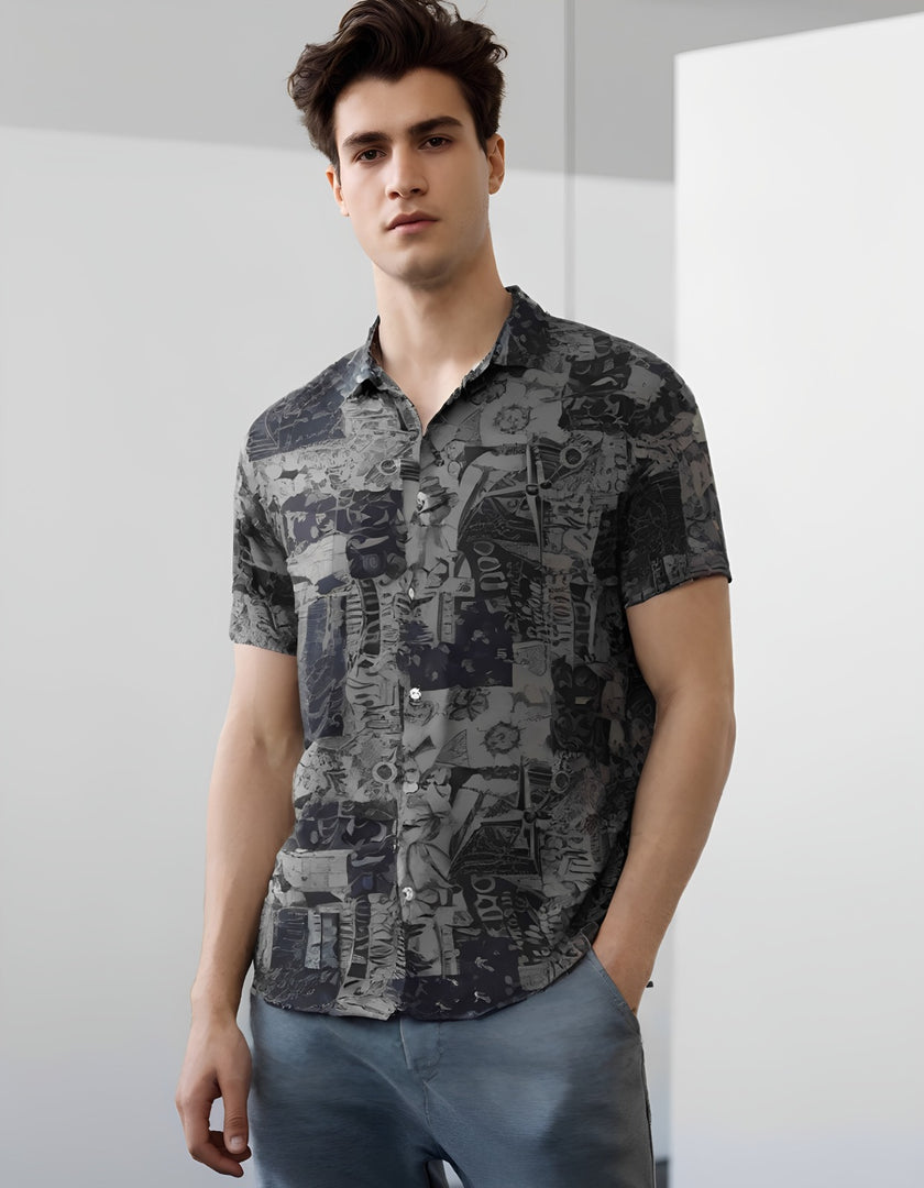 GREY PRINTED LINEN CASUAL SHIRT FOR MEN