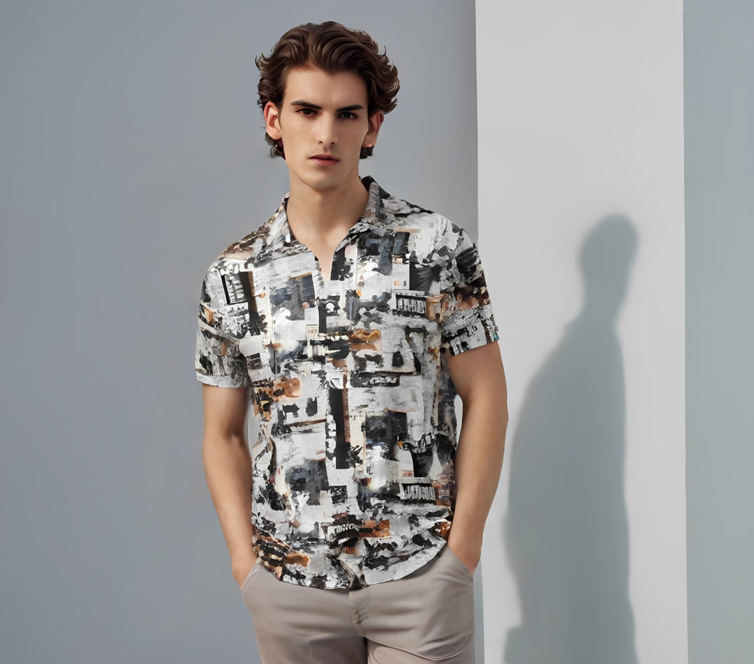 WHITE PRINTED LINEN CASUAL SHIRT FOR MEN