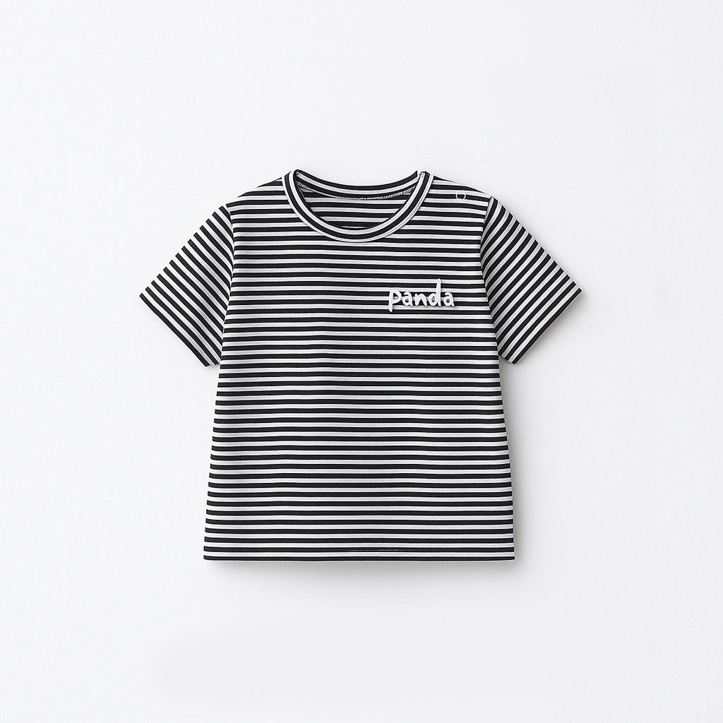 WHITE WITH BLACK STRIPES PANDA HALF SLEEVES T-SHIRT FOR BOYS
