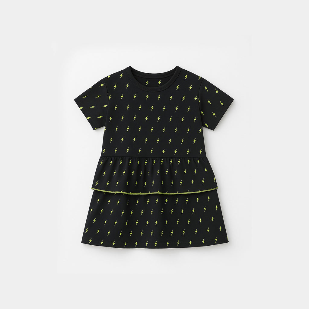 BLACK WITH GREEN ELECTRIC PRINT HALF SLEEVES FROCK FOR GIRLS Secondary image