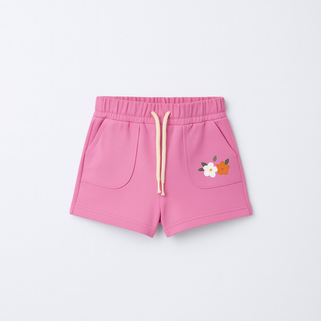 PINK DOUBLE POCKET FLOWERS PRINT SHORTS FOR GIRLS
