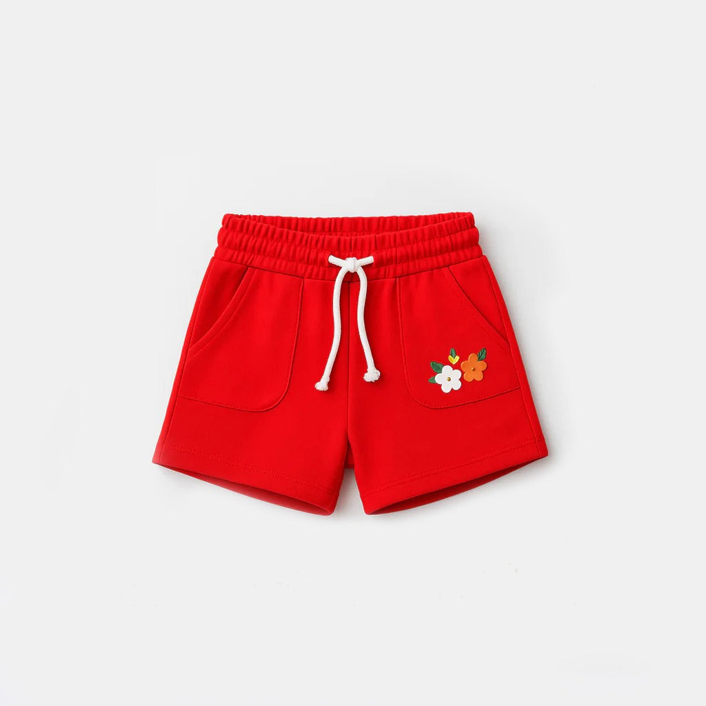 RED DOUBLE POCKET FLOWERS PRINT SHORTS FOR GIRLS