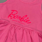 PINK WITH HAIR BAND BARBIE PRINT FROCK FOR GIRLS