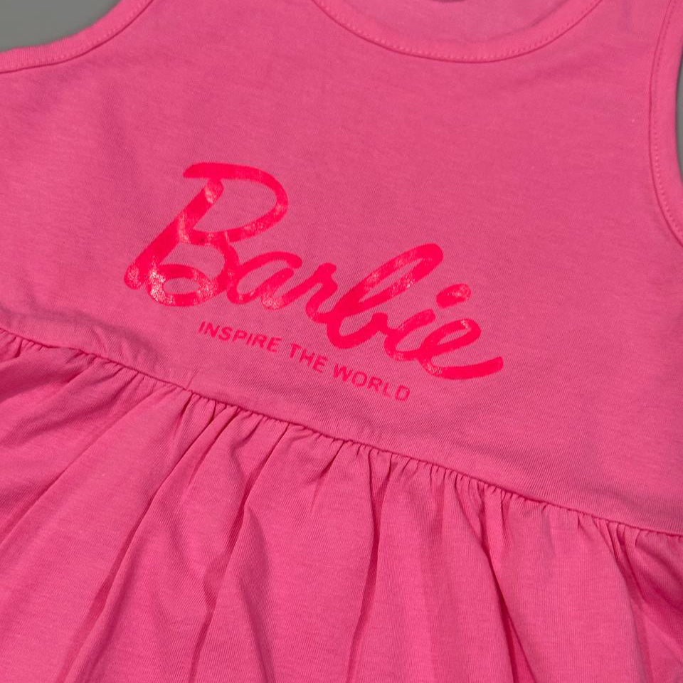 PINK WITH HAIR BAND BARBIE PRINT FROCK FOR GIRLS