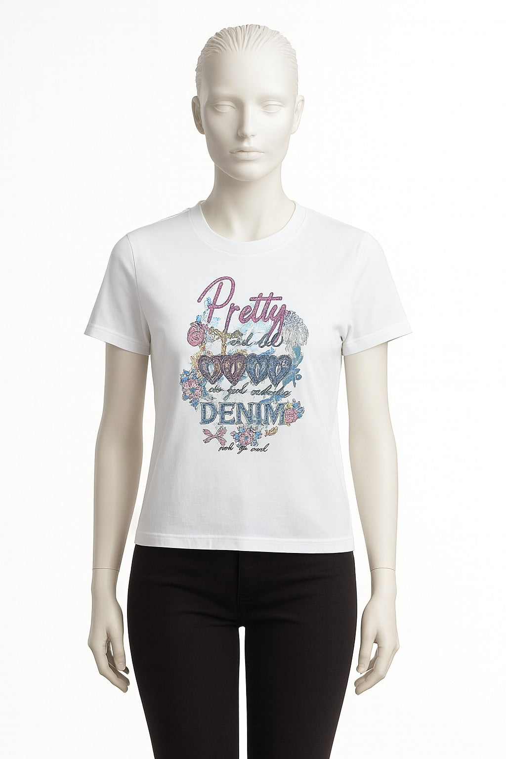 WHITE PRETTY DENIM PRINT T-SHIRT FOR WOMEN