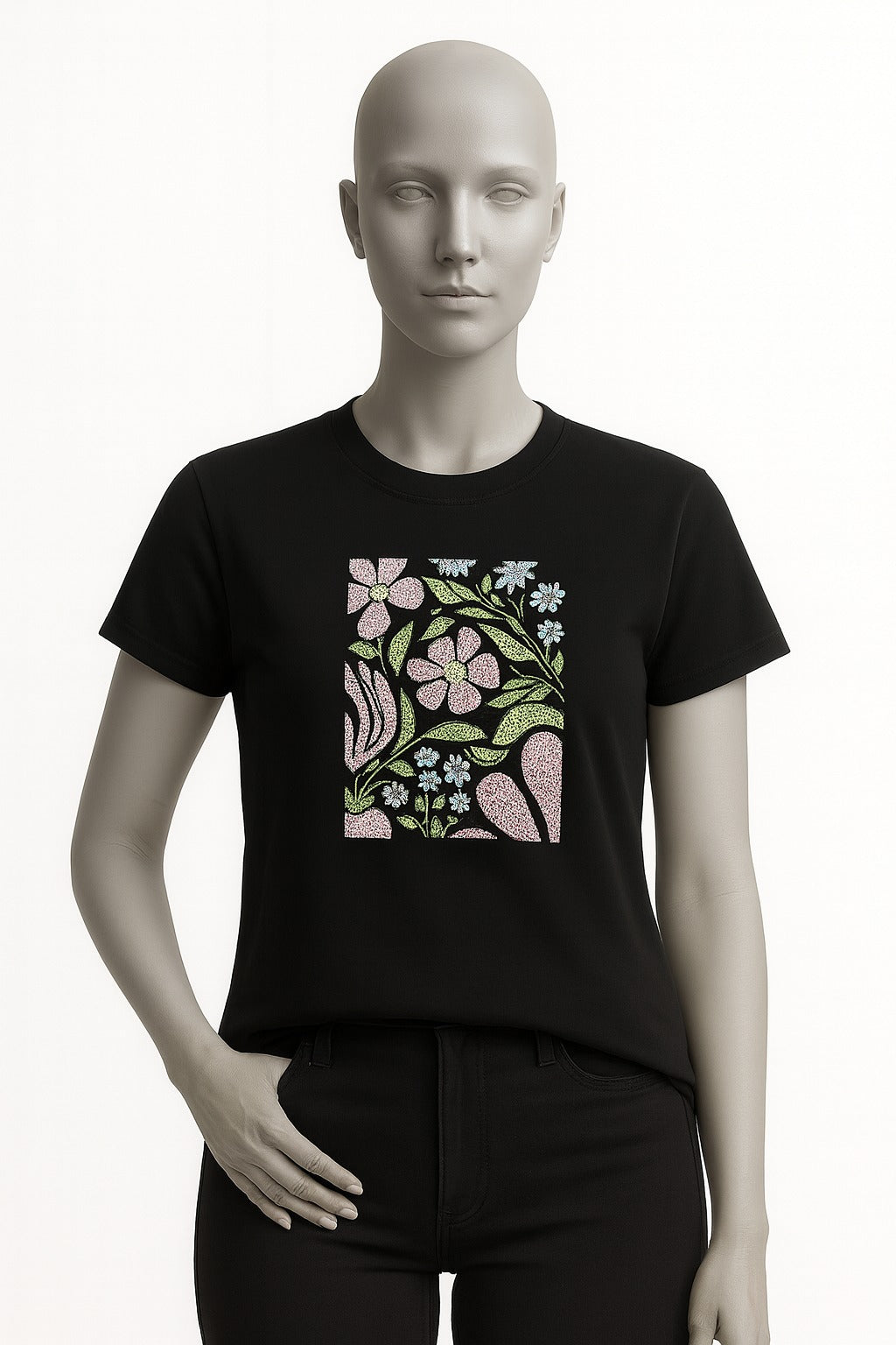 BLACK FLOWERS PRINT T-SHIRT FOR WOMEN