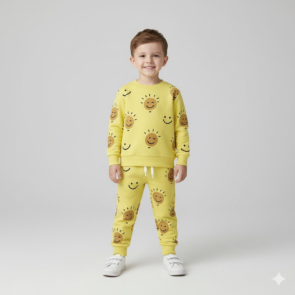 Yellow Smile Print Terry Fabric Suit For Winters