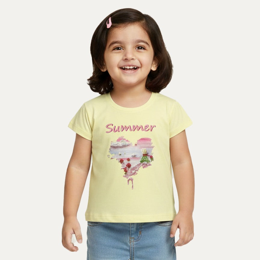 Light Yellow Summer Heart Print T-shirt Top For Girls Main image