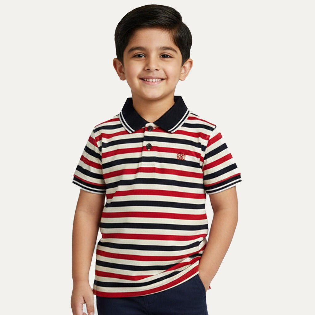Cream With Red Black Stripes Polo For Boys Main image