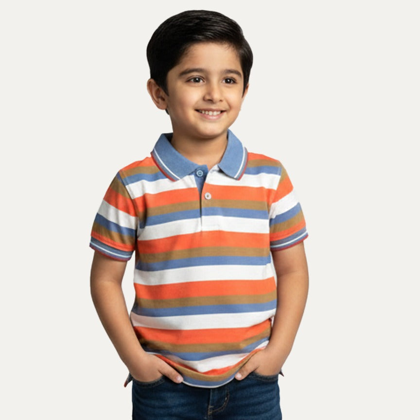 White With Orange Brown Stripes Polo For Boys Main image