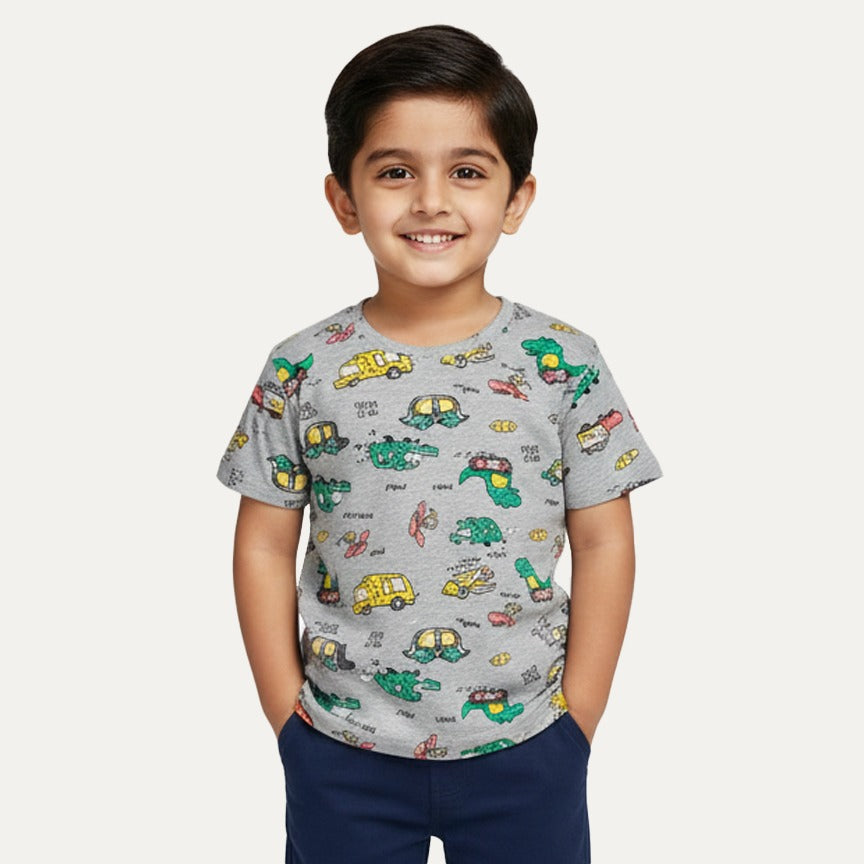 Grey Dino Car Print Half Sleeves T-Shirt For Boys Main image