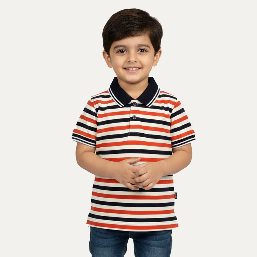 Cream With Orange Black Stripes Polo For Boys Main image