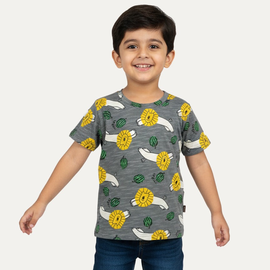 Dark Grey Lion Print Half Sleeves T-Shirt For Boys Main image