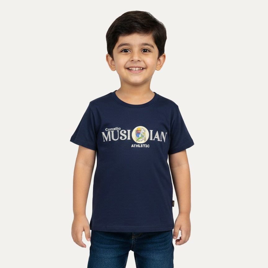 Navy Blue Musician Print Half Sleeves T-Shirt For Boys Main image