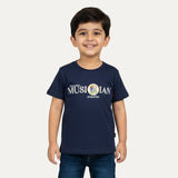 Navy Blue Musician Print Half Sleeves T-Shirt For Boys