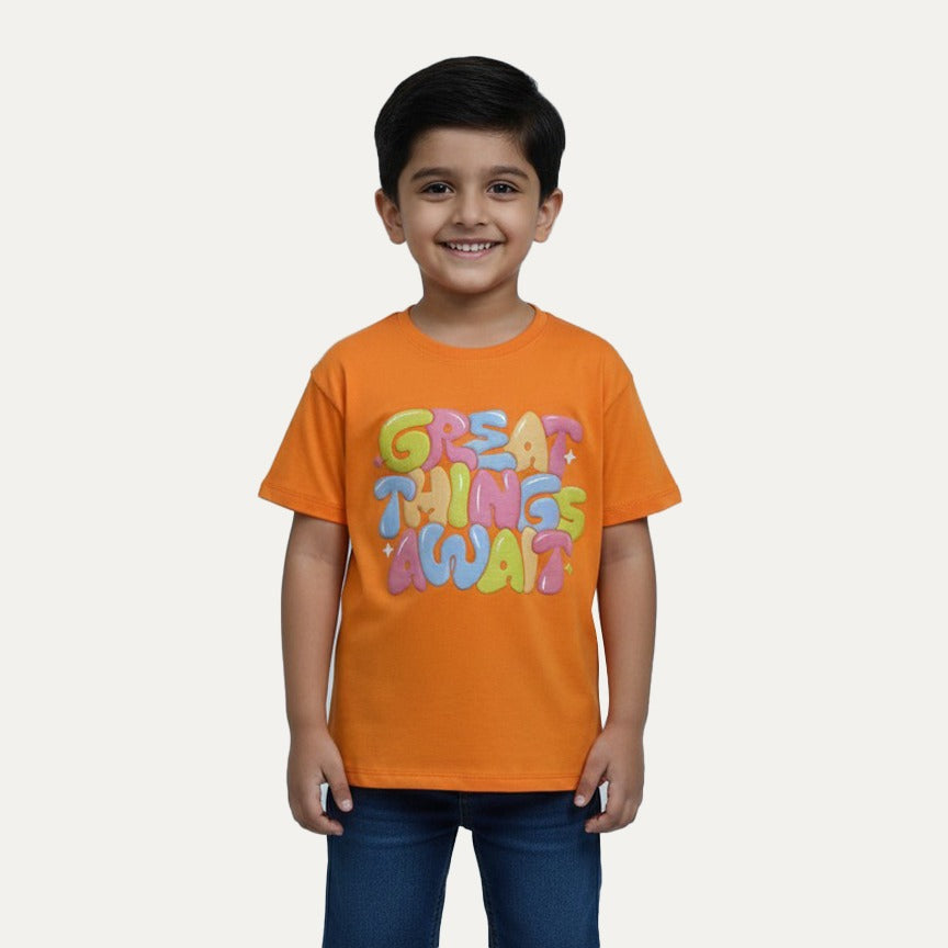 Orange Great Things Await Print Half Sleeves T-Shirt For Boys