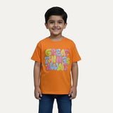 Orange Great Things Await Print Half Sleeves T-Shirt For Boys
