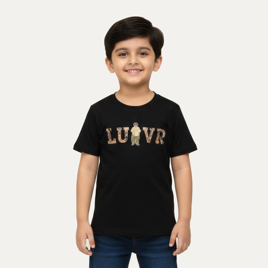 Black Luvr Print Half Sleeves T-Shirt For Boys