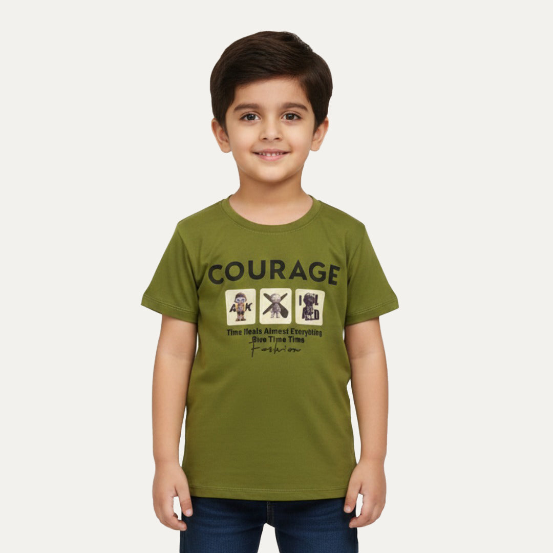 Green Courage Print Half Sleeves T-Shirt For Boys Main image