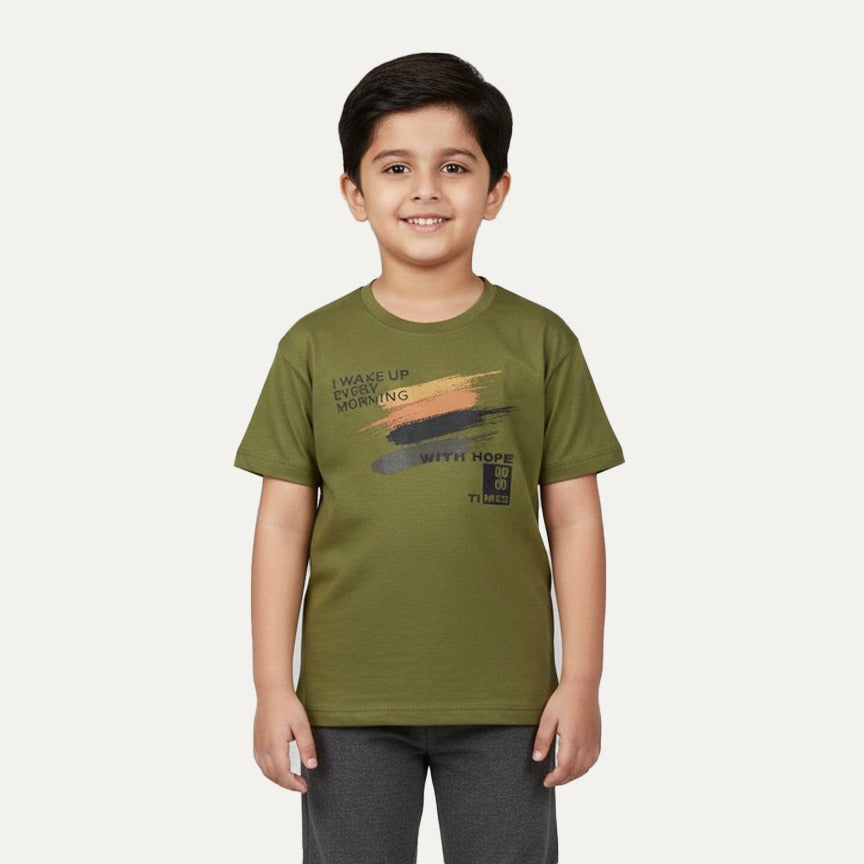 Green Wake Up Every Morning Printed Half Sleeves T-Shirt For Boys Main image