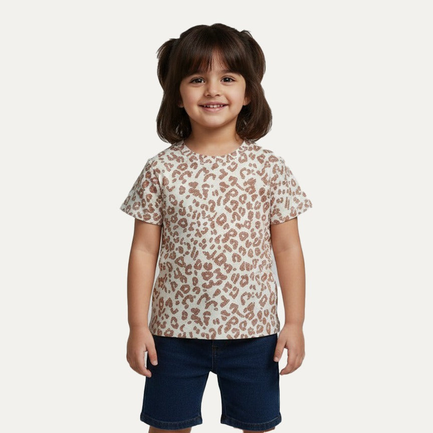 White Leopard With Hearts Print T-shirt Top For Girls