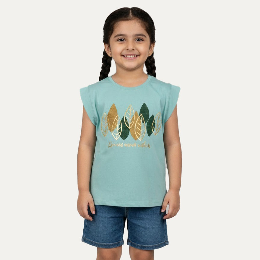 Sky Blue Leaf Print T-shirt Top For Girls Main image