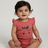 Dark Pink Apple Print Half Body Romper For Summers