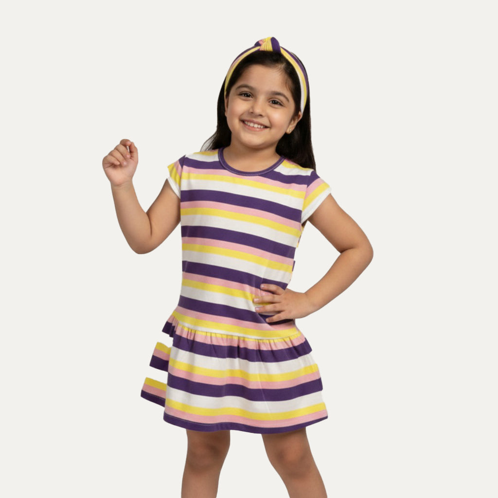 White Purple Yellow Stripes Frock With Hair Band For Girls