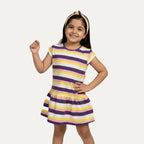 White Purple Yellow Stripes Frock With Hair Band For Girls