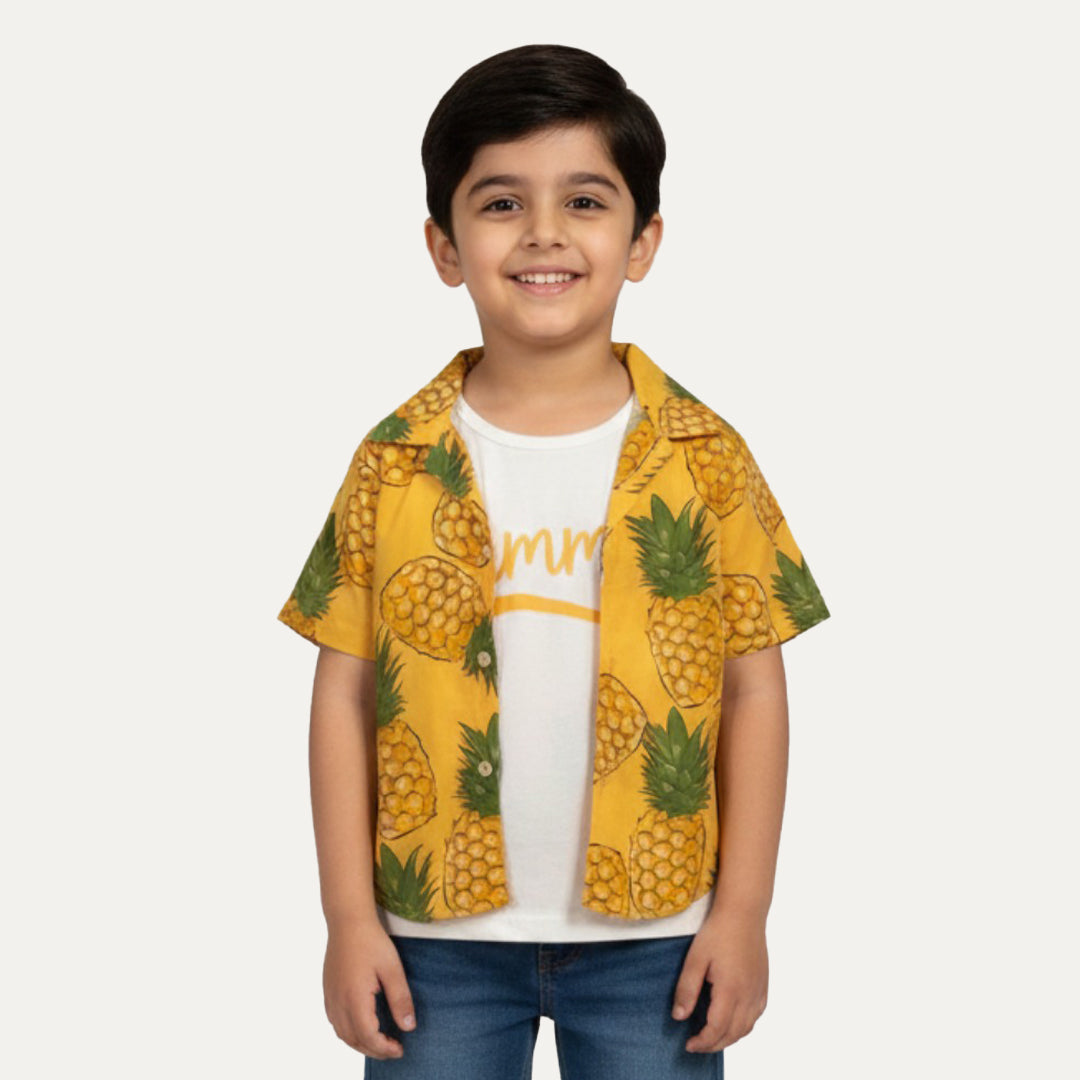 Mustard Pineapple Print Casual Shirt For Boys Main image