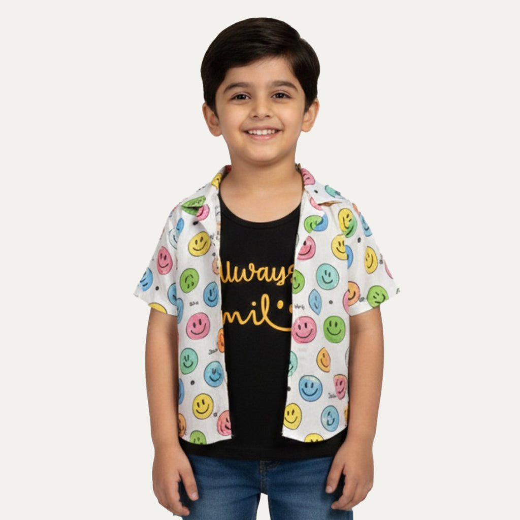 White Smile Emoji Print Casual Shirt For Boys