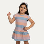 Purple Peach Blue Stripes Frock With Hair Band For Girls