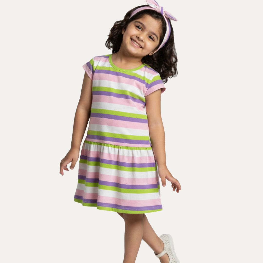 Pink Purple Green Stripes Frock With Hair Band For Girls Main image