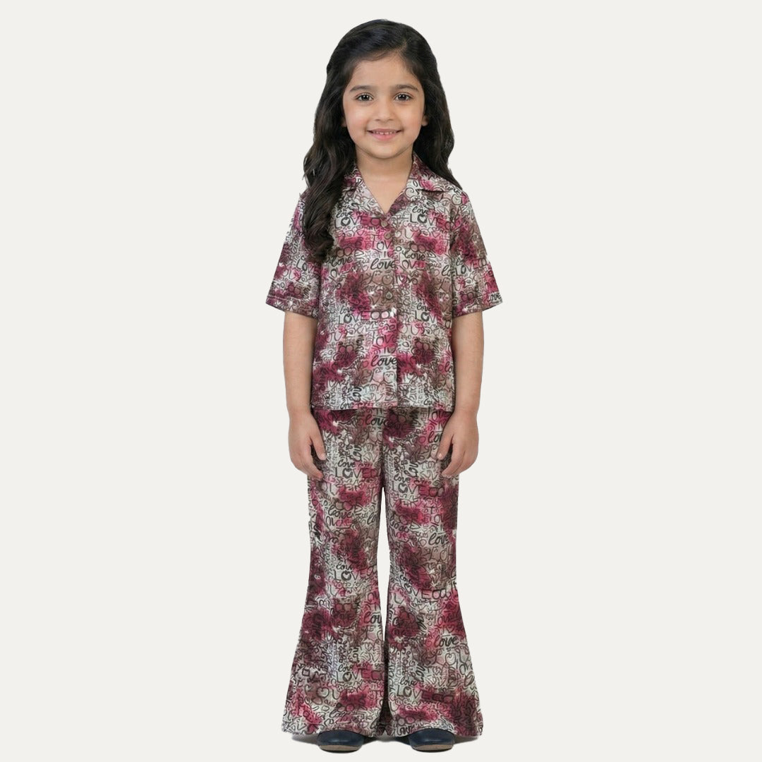 Purple Love Print Co-ord Linen Fabric Suit For Girls Main image
