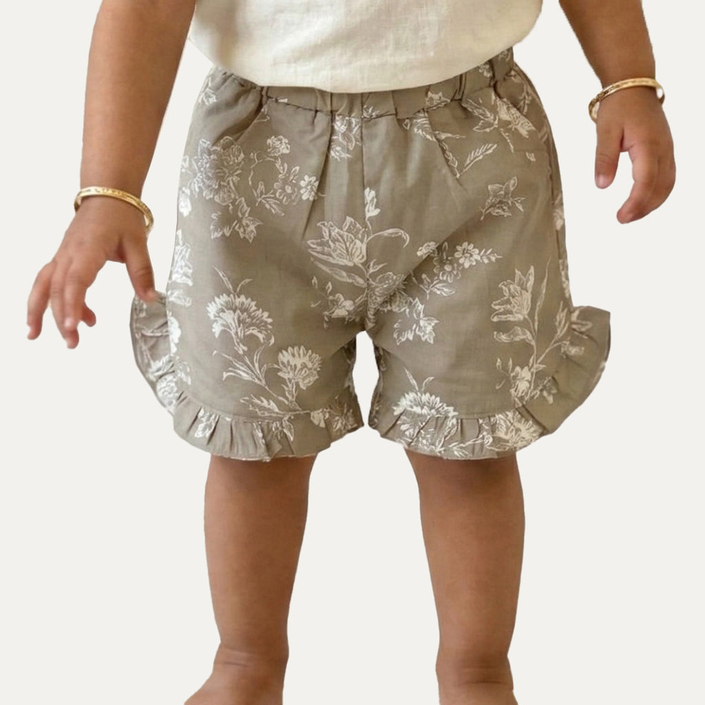 Grey Flowers Print Shorts For Girls