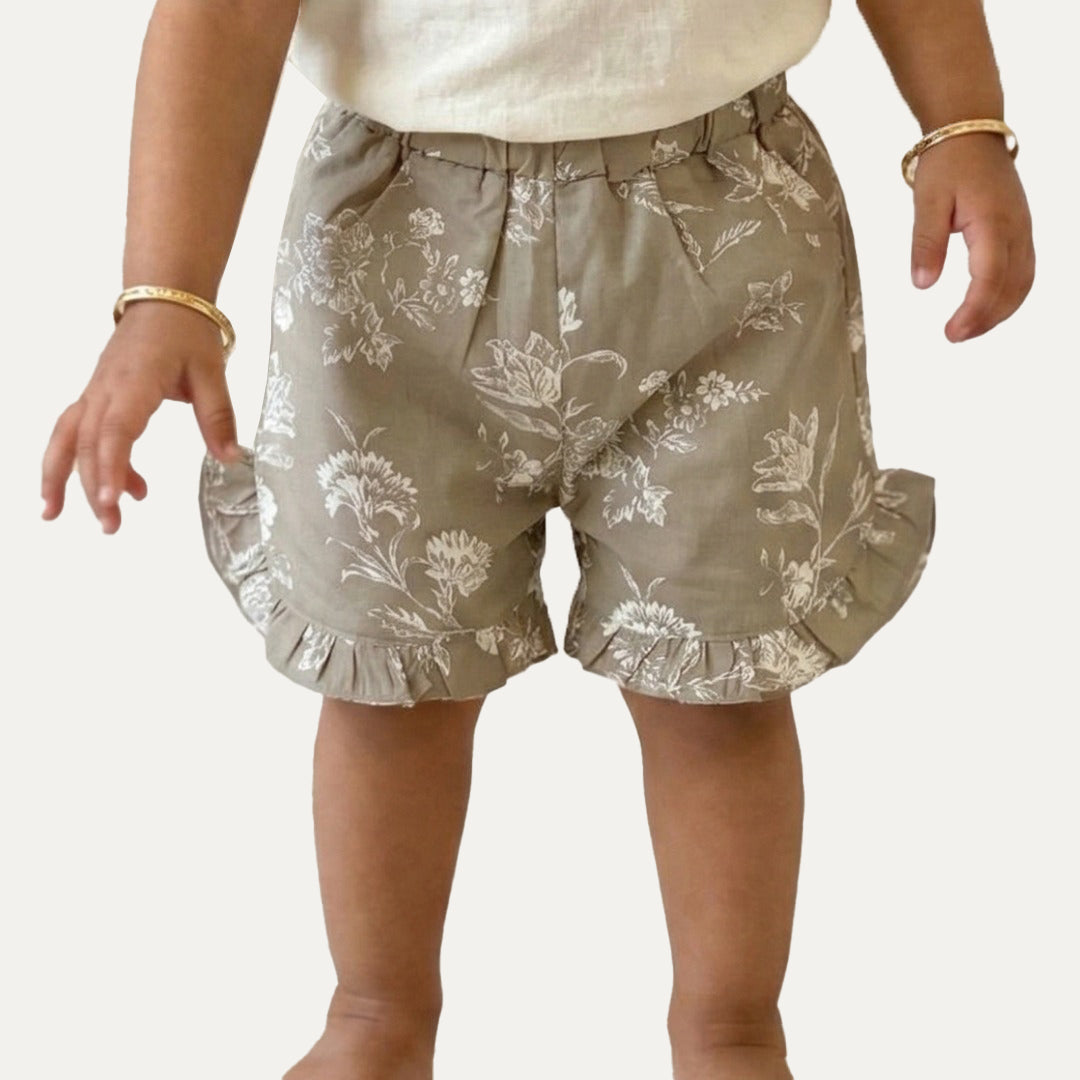 Grey Flowers Print Shorts For Girls
